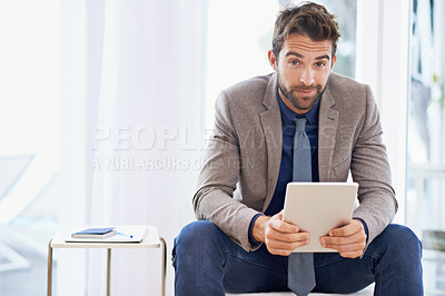 Buy stock photo Professional man, tablet and portrait with digital schedule, online calendar and planning app with research for project. Electronic contract, internet search and business, info and agenda with tech