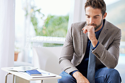 Buy stock photo Businessman, thinking and planning for professional career in office and tablet for productivity in workplace. Hr consultant, book and idea for recruitment project and technology for research at work