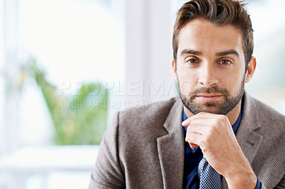 Buy stock photo Businessman, portrait and closeup for professional career in office and happy with ambition in workplace. Hr consultant, positive and face for job satisfaction as recruiter and planning in company