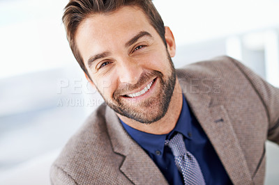 Buy stock photo  Businessman, portrait and happy in closeup in office and professional person with ambition in workplace. Hr consultant, positive and face for career satisfaction as recruiter and friendly at work
