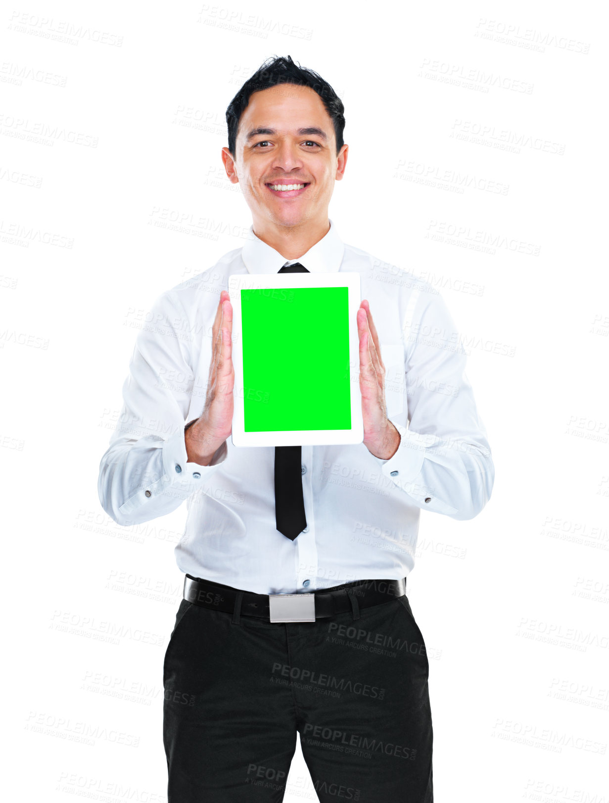 Buy stock photo Tablet, green screen or business man portrait in studio with recruitment, mockup or news on white background. Digital, presentation or entrepreneur face with hiring app, sign up or opportunity offer