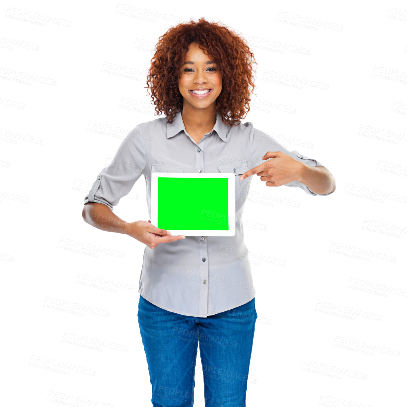 Buy stock photo Woman, green screen tablet and gesture in studio for social media app, review and mockup by white background. Isolated african lady, model and portrait for web design job, space and smile for promo