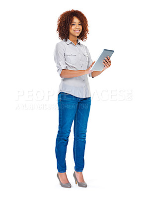 Buy stock photo Happy, business and portrait of a woman with a tablet isolated on a white background in a studio. Smile, contact and a female social media manager with technology for communication, app or a website