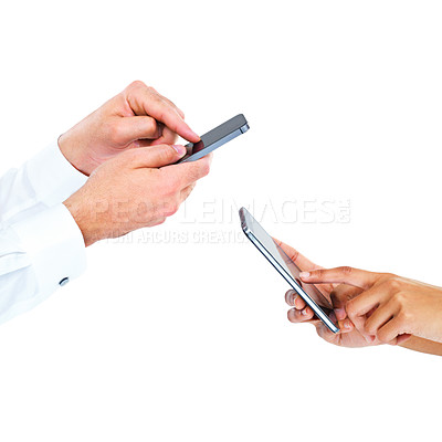 Buy stock photo Phone, hands and business people in studio with networking communication closeup on white background. Smartphone, connection and friends with data transfer, file or b2b contact, share or opportunity