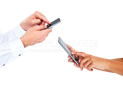 Buy stock photo Cropped shot of two businesspeople using their cellphones