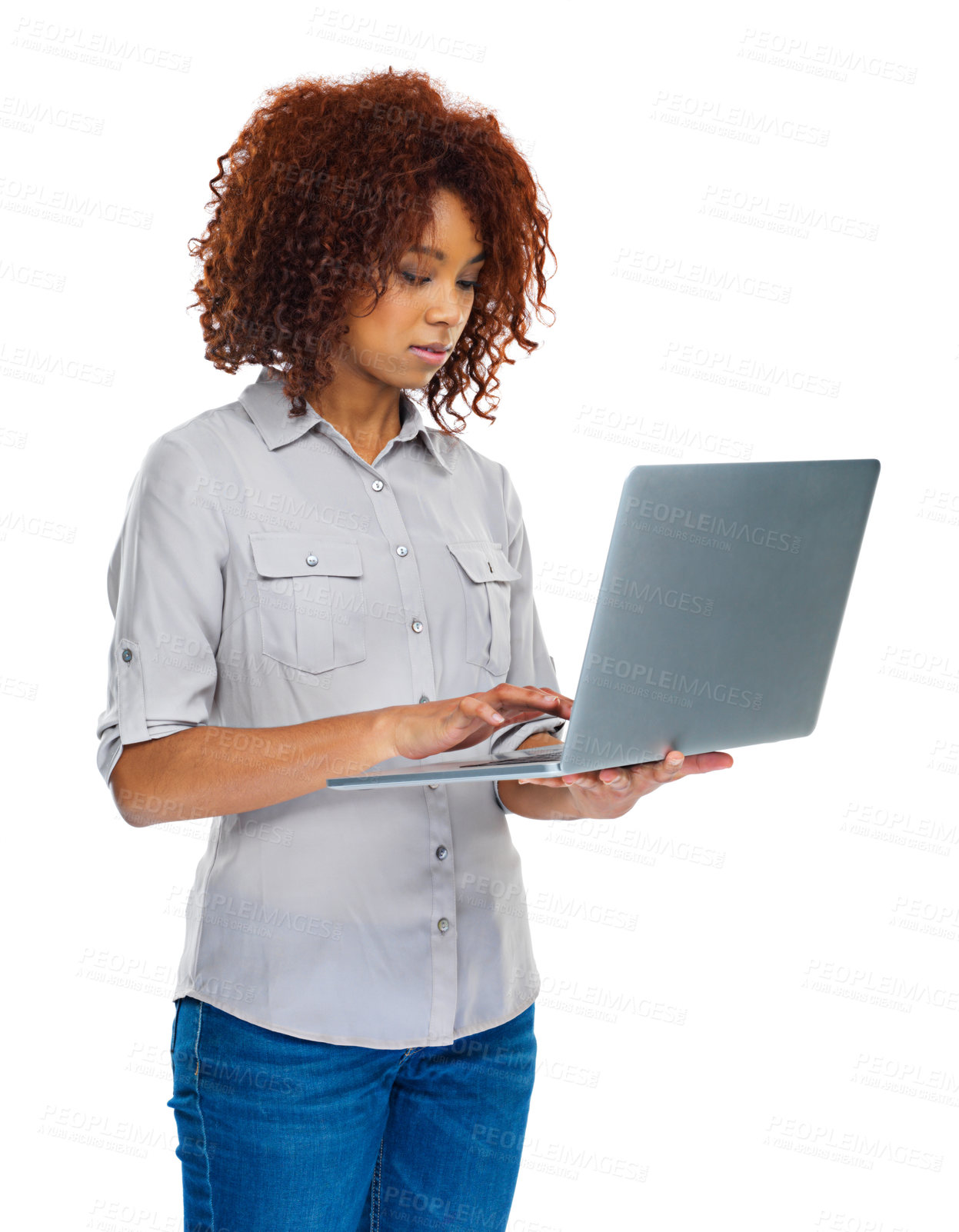 Buy stock photo Black woman, laptop and internet for research in studio on white background for website as web designer. Female person, online and search for creative or ideas for work, project and startup business 