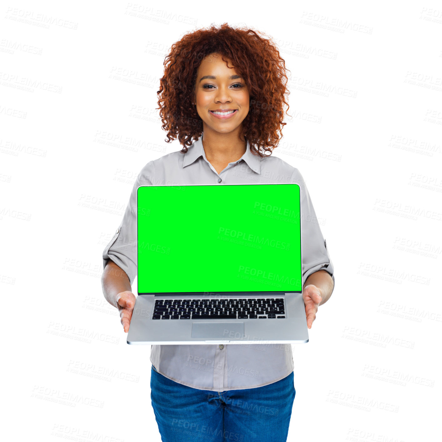 Buy stock photo Green screen, laptop or portrait of happy woman in studio with social media mockup on white background. Computer, space or of female student face with online, sign up or learning, registration or app