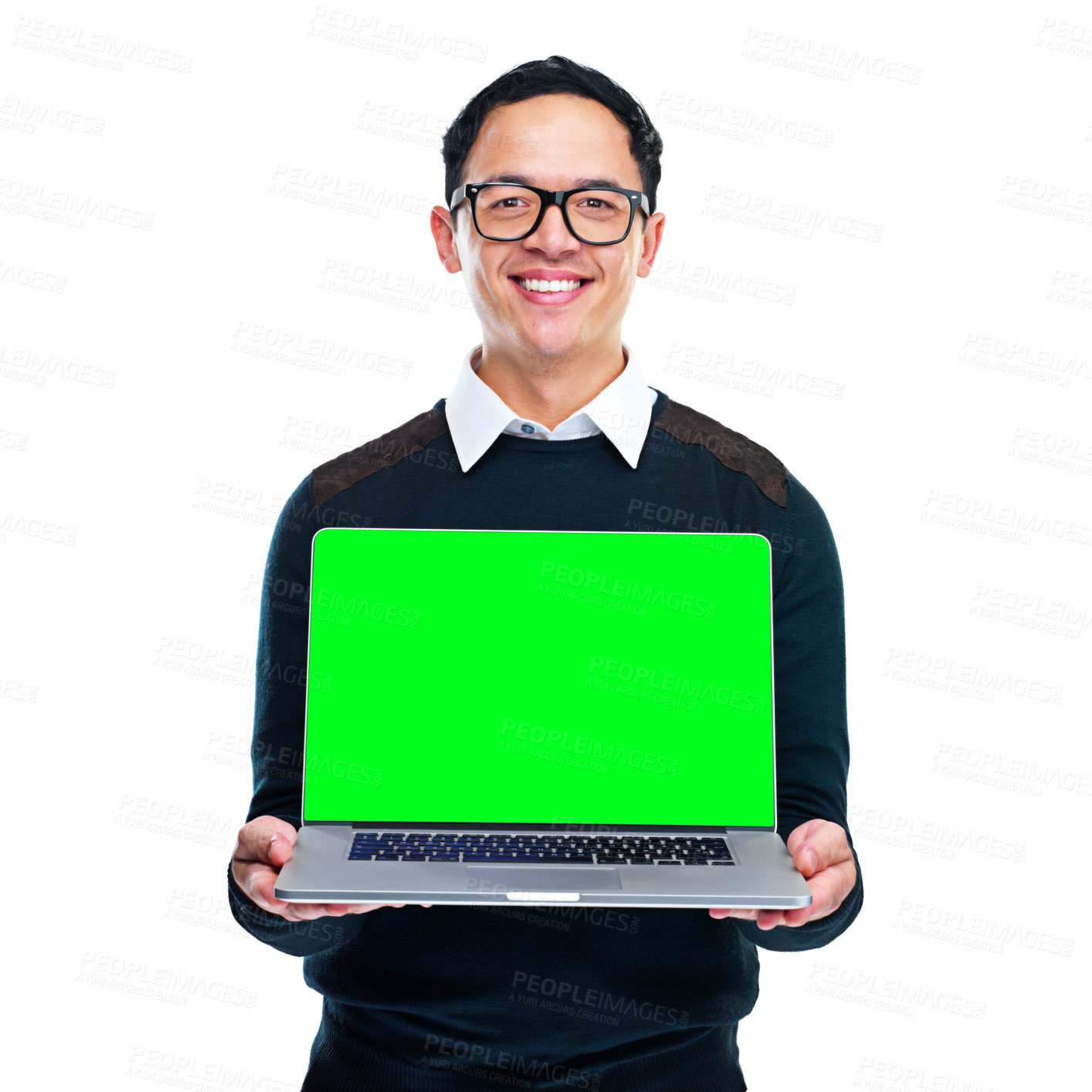 Buy stock photo Portrait of a young businessman holding a laptop on a white background