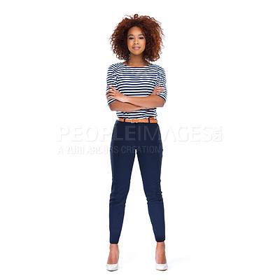 Buy stock photo Portrait, arms crossed and black woman standing on white background, studio or isolated pose. Female model, trendy fashion and casual outfit style with afro, motivation and confidence for empowerment