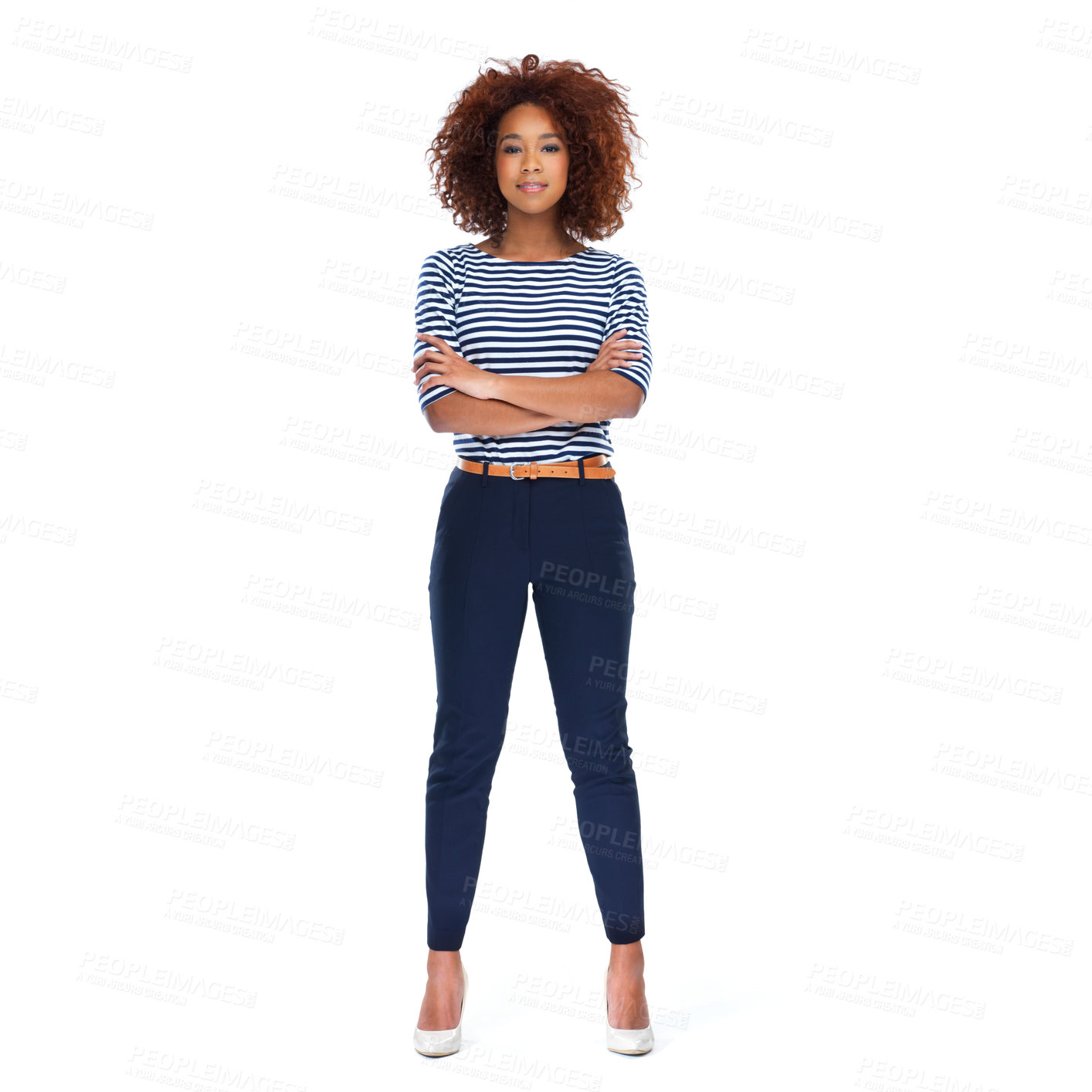 Buy stock photo Portrait, arms crossed and black woman standing on white background, studio or isolated pose. Female model, trendy fashion and casual outfit style with afro, motivation and confidence for empowerment