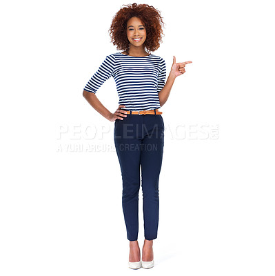Buy stock photo Portrait, mockup and black woman, pointing or smile with girl isolated on white studio background. African American female, lady or gesture for product placement, marketing or advertising on backdrop