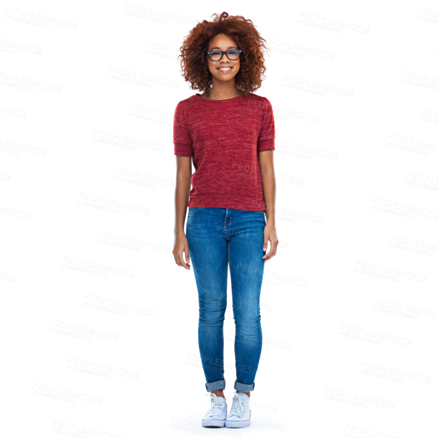 Buy stock photo Black woman, smile and full body portrait of a model with casual fashion, glasses and white background. Isolated, natural afro hair and african woman with happiness and smiling with mock up space 
