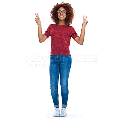 Buy stock photo Portrait, peace and social media with a black woman in studio isolated on a white background with a hand sign. Comic, emoji and gesture with a happy young female posing on blank advertising space