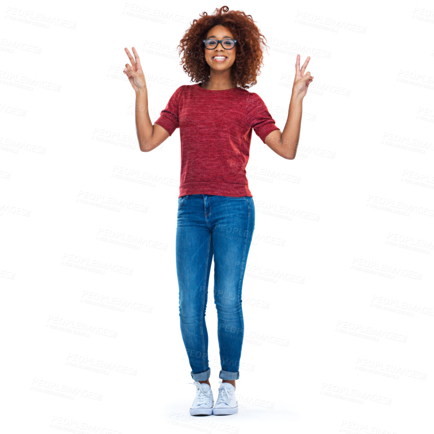 Buy stock photo Portrait, peace and social media with a black woman in studio isolated on a white background with a hand sign. Comic, emoji and gesture with a happy young female posing on blank advertising space