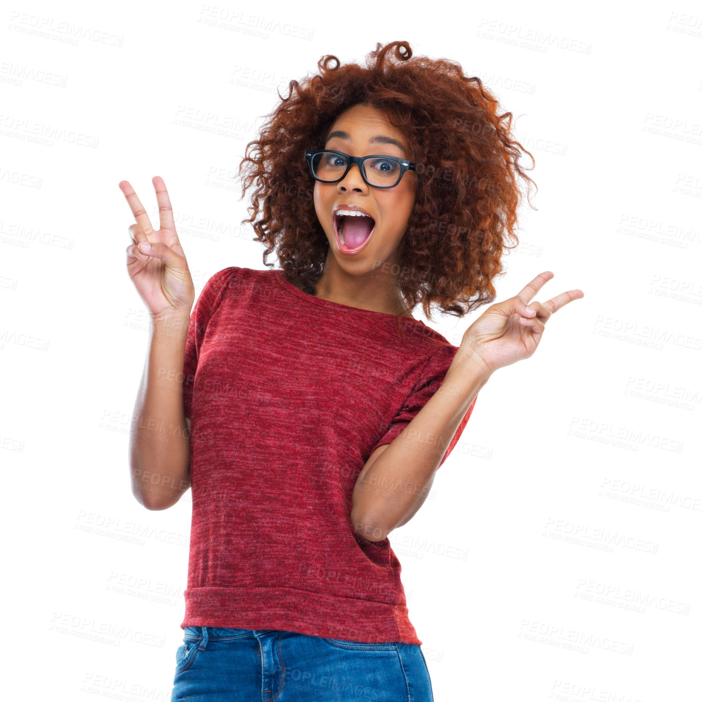 Buy stock photo Portrait, peace and excited with a model black woman posing in studio isolated on a white background. Social media, emoji and hand sign with a female feeling surprised with a wow expression