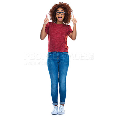 Buy stock photo Portrait, black woman and student with thumbs up, smile and girl isolated on white studio background. Nigerian female, lady and gesture for success, like and happiness with good news and positive