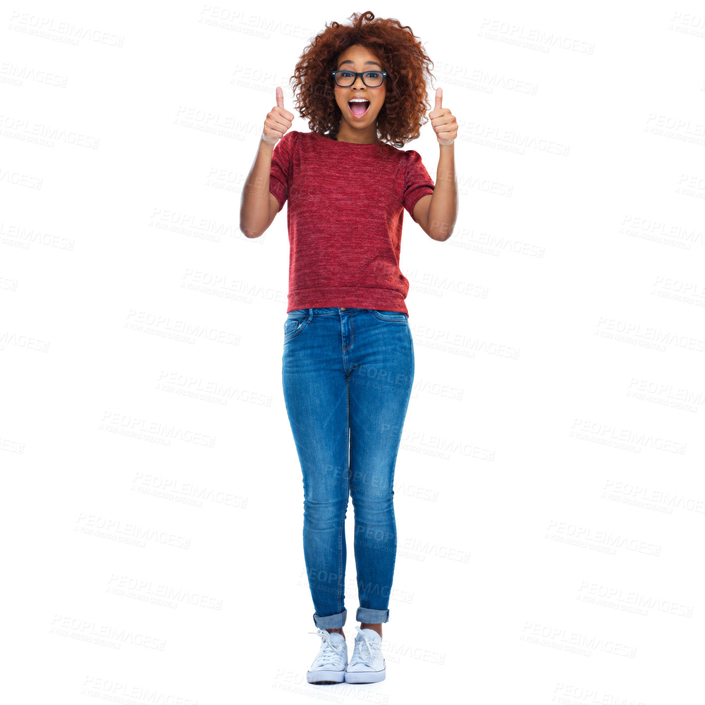 Buy stock photo Portrait, black woman and student with thumbs up, smile and girl isolated on white studio background. Nigerian female, lady and gesture for success, like and happiness with good news and positive