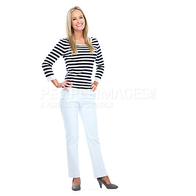 Buy stock photo Portrait, mockup and full body with a model woman in studio isolated on a white background for fashion. Marketing, advertising and stripes with an attractive female standing on blank mock up space