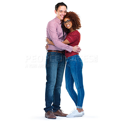 Buy stock photo Love, interracial and couple hug portrait for care, romance and happiness together for advertising. Happy asian man and black woman in romantic relationship on isolated white background for mockup.