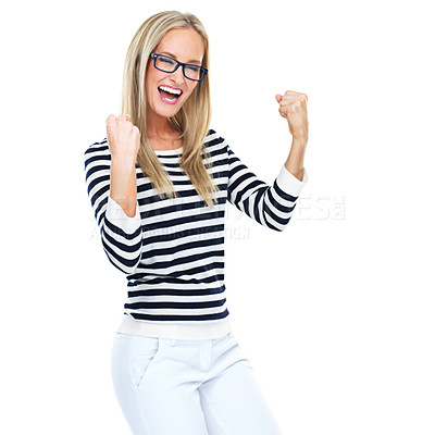 Buy stock photo Woman, winner and success with fist for celebration, yes and champion isolated on white background. Achievement, growth and development with happy woman, celebrate and fist pump mockup with winning
