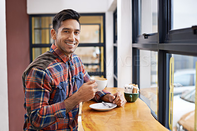 Buy stock photo Happy man, portrait and relax with coffee by window for morning, breakfast or start of the day. Male person with smile, drink or beverage for caffeine, mug or cup of tea at indoor restaurant or cafe