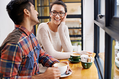 Buy stock photo Happy people, friends and laughing with coffee for funny joke, humor or comedy together at indoor restaurant. Man and woman with smile in happiness for social bonding, talk or chatting at cafe lounge