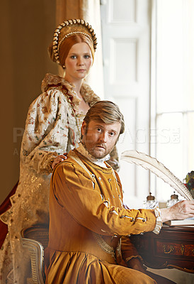 Buy stock photo Medieval, couple and portrait with letter writing at home with renaissance, vintage and classic costume in palace. King, law policy and political paper with royalty and queen in study with history