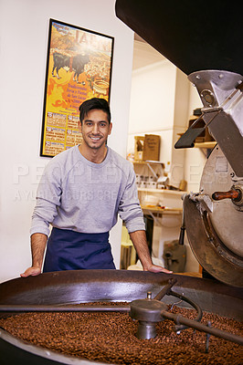 Buy stock photo Coffee, portrait and happy man with machine for roasting with small business, production or quality control. Entrepreneur, barista or roaster with beans, sustainable startup cafe and espresso process