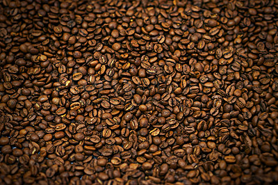 Buy stock photo Coffee beans, closeup and organic with natural source for export, trading or flavor with sustainability. Caffeine, supply chain and manufacturing with zoom, industry or logistics for distribution