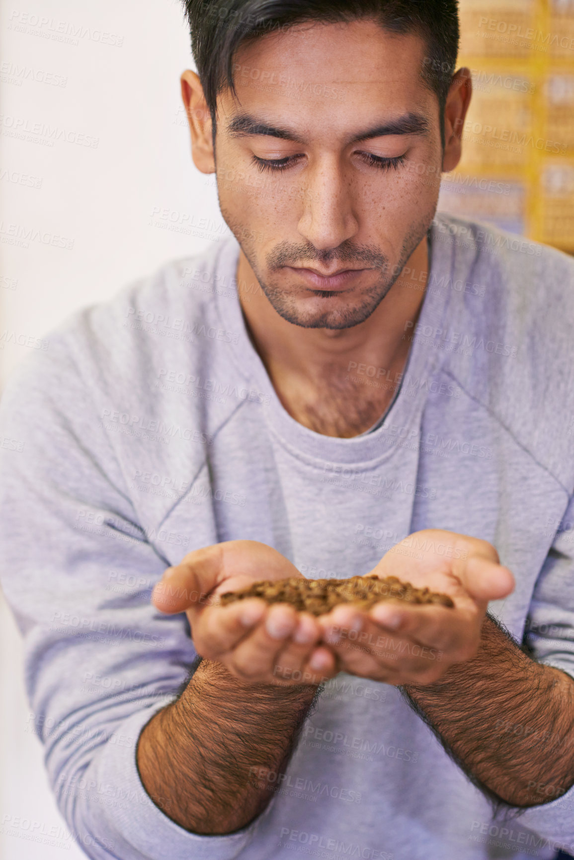 Buy stock photo Man, coffee grain and production with smell, thinking and organic beans for export at warehouse. Person, employee and crop for manufacturing, industry and factory for quality assurance in Colombia