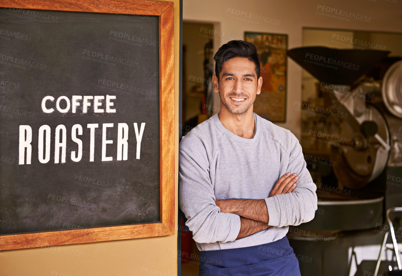 Buy stock photo Barista, coffee shop and happy man with arms crossed in portrait for small business, confident owner and service. Entrepreneur, cafe and drinks with hospitality, professional and server in industry