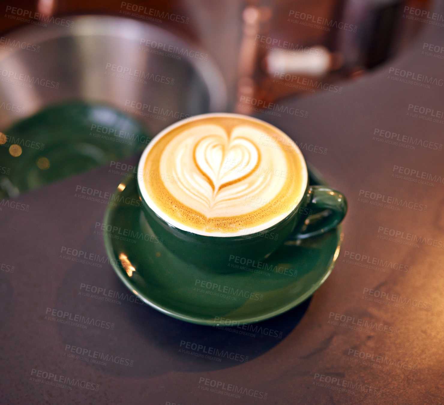 Buy stock photo Coffee, cup and latte with art for creativity, closeup of cappuccino or caffeine drink on counter with pattern. Warm beverage, foam and milk with heart design, hospitality and table service at cafe
