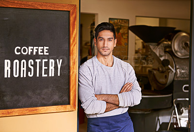Buy stock photo Barista, cafe and man with arms crossed in portrait for small business, owner with confidence and service. Entrepreneur, coffee shop and drinks with hospitality, professional and server in industry