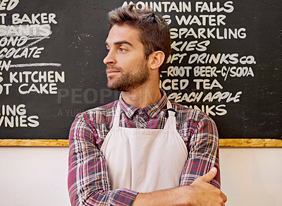 Buy stock photo Man, blackboard and menu in a coffee shop with arms crossed for thinking, vision or ideas for service. Barista, person or small business owner by a chalkboard in cafe for catering with list in Italy