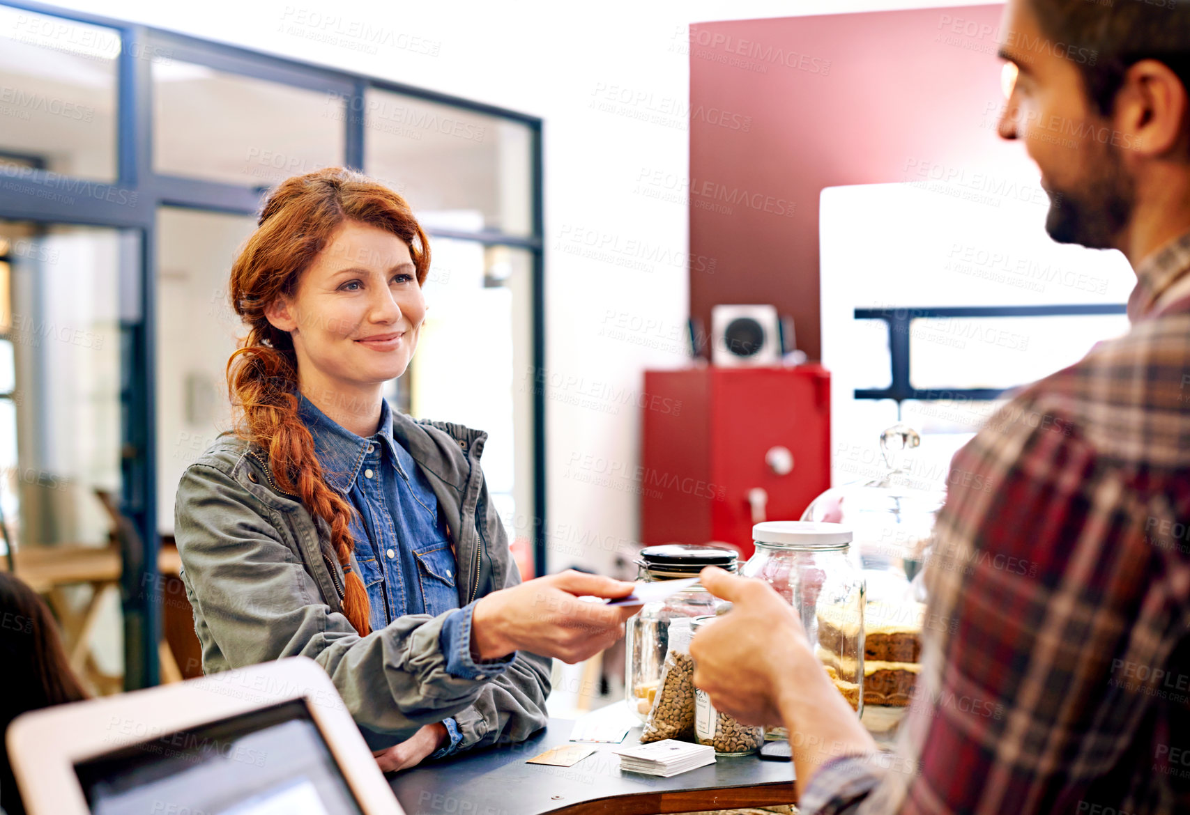 Buy stock photo Woman smile, customer and credit card at a coffee shop for payment with a order at restaurant. Female person, happiness and diner to pay and buy at cafe with male store assistant and barista 