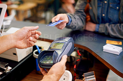 Buy stock photo Man hands, customer and credit card at a coffee shop for payment machine at restaurant. Business person, debit and scan to pay and buy at a cafe and diner with male store assistant and barista 
