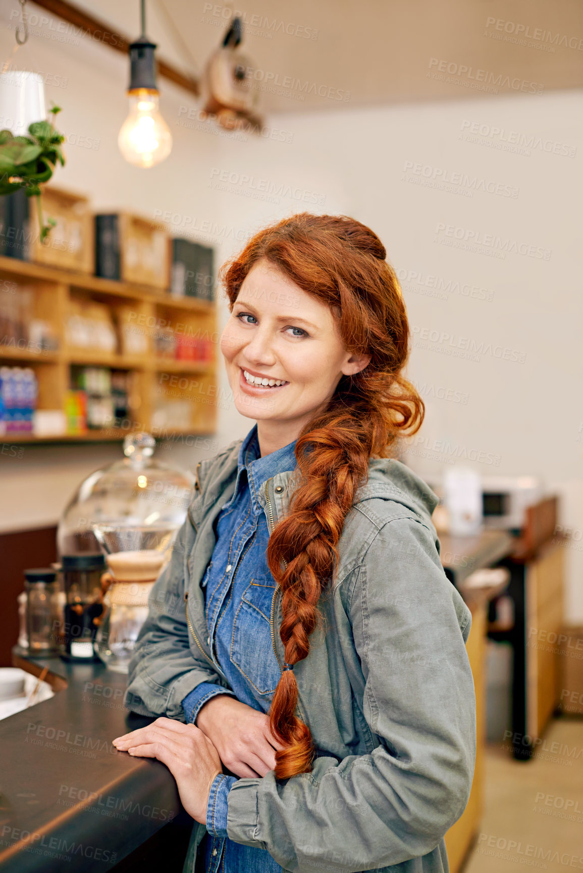 Buy stock photo Woman, smile and portrait in morning at cafe with confidence, pride and waiting for drink at counter. Girl, person and happy customer at trendy coffee shop for cappuccino, latte or espresso in Italy