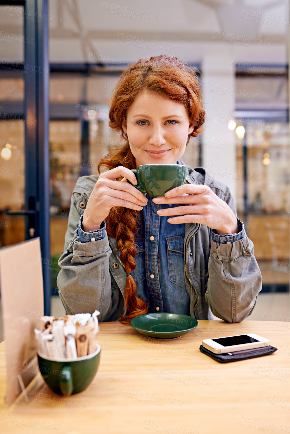 Buy stock photo Woman, cup and smile in coffee shop for portrait at breakfast to start morning at table. Girl, person and happy in cafeteria with flavor, aroma and relax in restaurant for catering service in Dublin