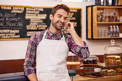 Buy stock photo Man, coffee shop and cell phone call with smile for contact, deal or order for drink at small business. Person, barista or waiter with smartphone for conversation, networking and happy in cafeteria