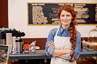 Buy stock photo Portrait, woman and barista with arms crossed, cafe and happiness with startup success, business and growth. Face, female employee and happy entrepreneur in a coffee shop, restaurant and development