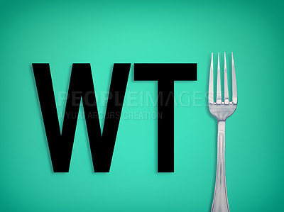 Buy stock photo Wtf, abstract and art with alphabet or letters, rude and metal fork on green screen for funny joke. Creative, vector and artistic expression of stainless steel cutlery with words and crazy concept