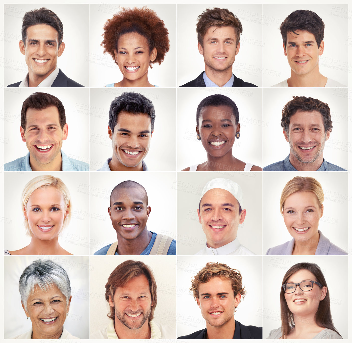 Buy stock photo Diversity, face and collage portrait of happy people in a community group or society with career success. Profession headshot, profile picture or mosaic of men or women isolated on white background 