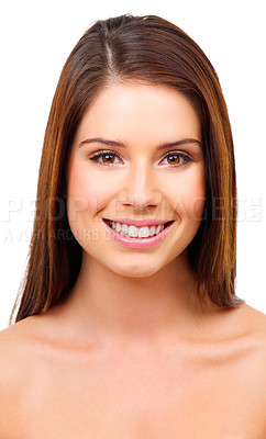 Buy stock photo Portrait, skincare and woman with cosmetics, smile and dermatology isolated on white studio background. Face, person or model with mockup space or shine with glow or wellness with beauty or self care