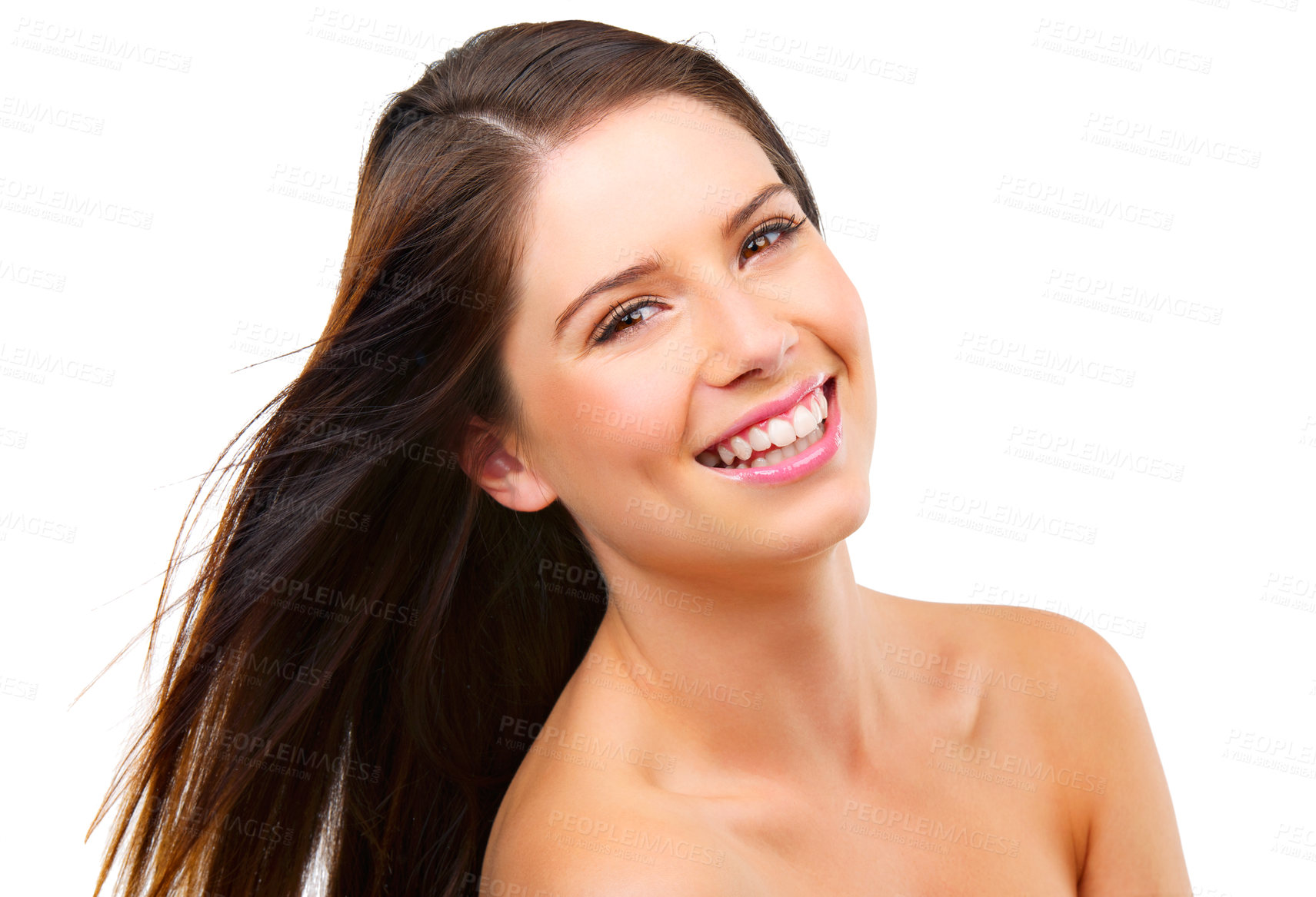 Buy stock photo Happy woman, portrait and hair with beauty, shine and keratin shampoo with cosmetic care on white background. Haircare, wellness and cosmetology for glow, self care and salon treatment in studio