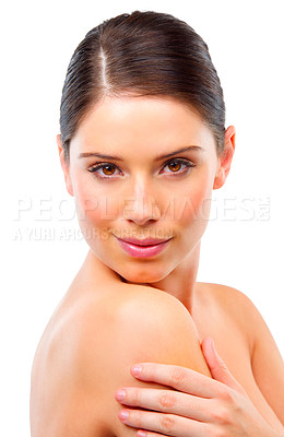 Buy stock photo Woman, portrait and skin for natural beauty, healthy glow and wellness for dermatology isolated on white background. Skincare, cosmetic facial and antiaging, smooth and soft with self care in studio