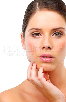 Buy stock photo Woman, hand on face and skin for natural beauty, healthy glow and wellness for dermatology on white background. Skincare, cosmetic facial and antiaging, clean in portrait and self care in studio