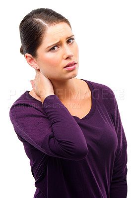 Buy stock photo Woman, neck pain and portrait in studio for injury, stress or massage muscle by white background. Girl, person or model for arthritis, fibromyalgia or osteoporosis with fatigue, burnout or frustrated