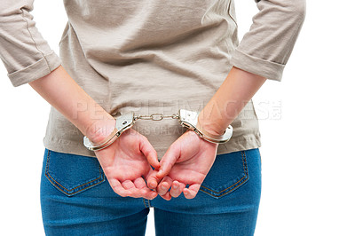 Buy stock photo Criminal, handcuffs and arrest woman in studio with back view of prisoner for justice of law and crime. Person or thief, custody and restrained for jail for illegal counterfeiting in Venezuela