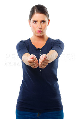 Buy stock photo Woman, arms together and portrait for handcuff, criminal and guilty for arrested, crime and illegal. Young person with scared facial expression for surrender, corrupt and prisoner on white backdrop  
