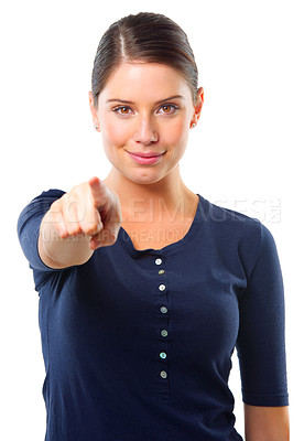 Buy stock photo Smile, woman or portrait with hand pointing at you in studio for winner, choice or invitation on white background. Face, offer and female model with emoji, vote or hey sign for calling or attention